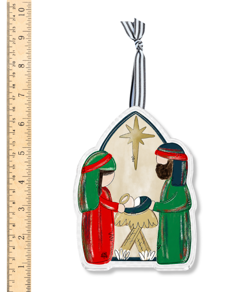 Red and Green Nativity Acrylic Ornament by DK Designs Georgia