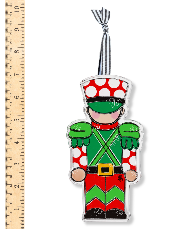 Red and Green Dot Soldier Acrylic Ornament by DK Designs Georgia