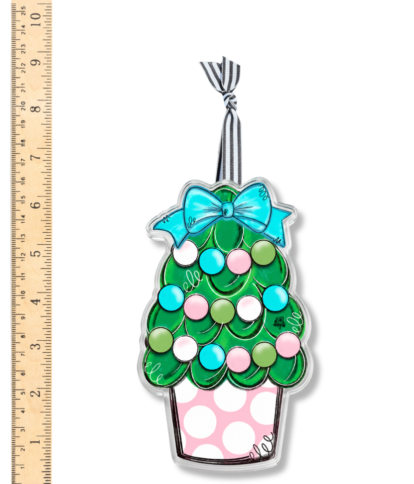 Pink and Teal Christmas Tree Acrylic Ornament by DK Designs Georgia