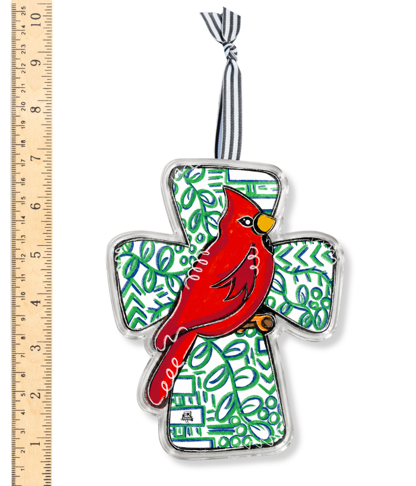 Navy and Green Cadinal Cross Acrylic Ornament