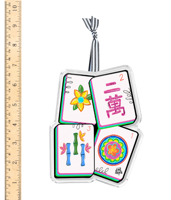 Mahjong Acrylic Ornament: acrylic ornament with four mahjong tiles showing a yellow flower, a pink character and bamboo