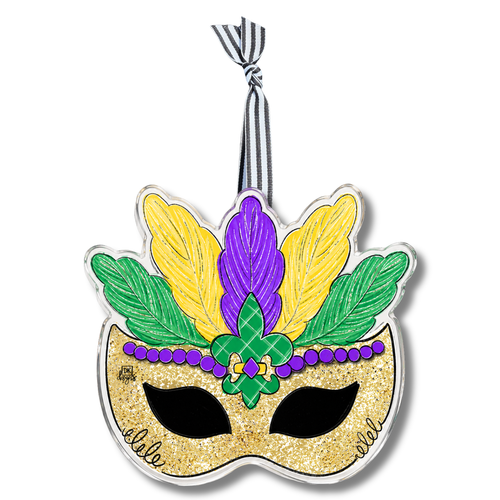Mardi Gras Mask Acrylic Ornament: acrylic ornament with a festive Mardi Gras mask, by DK Designs Georgia