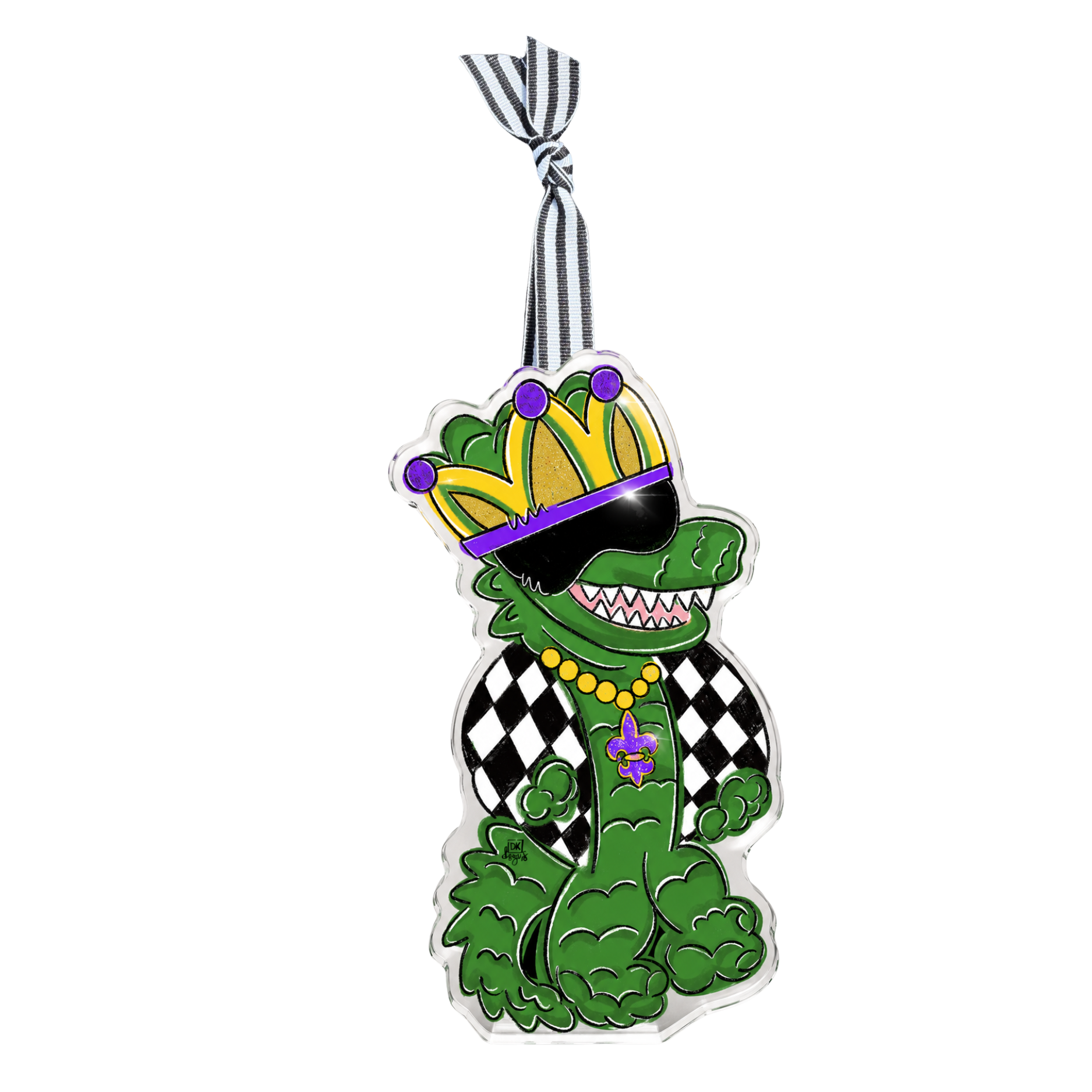 Mardi Gator Acrylic Ornament: acrylic ornament with a playful gator dressed up for Mardi Gras, by DK Designs Georgia