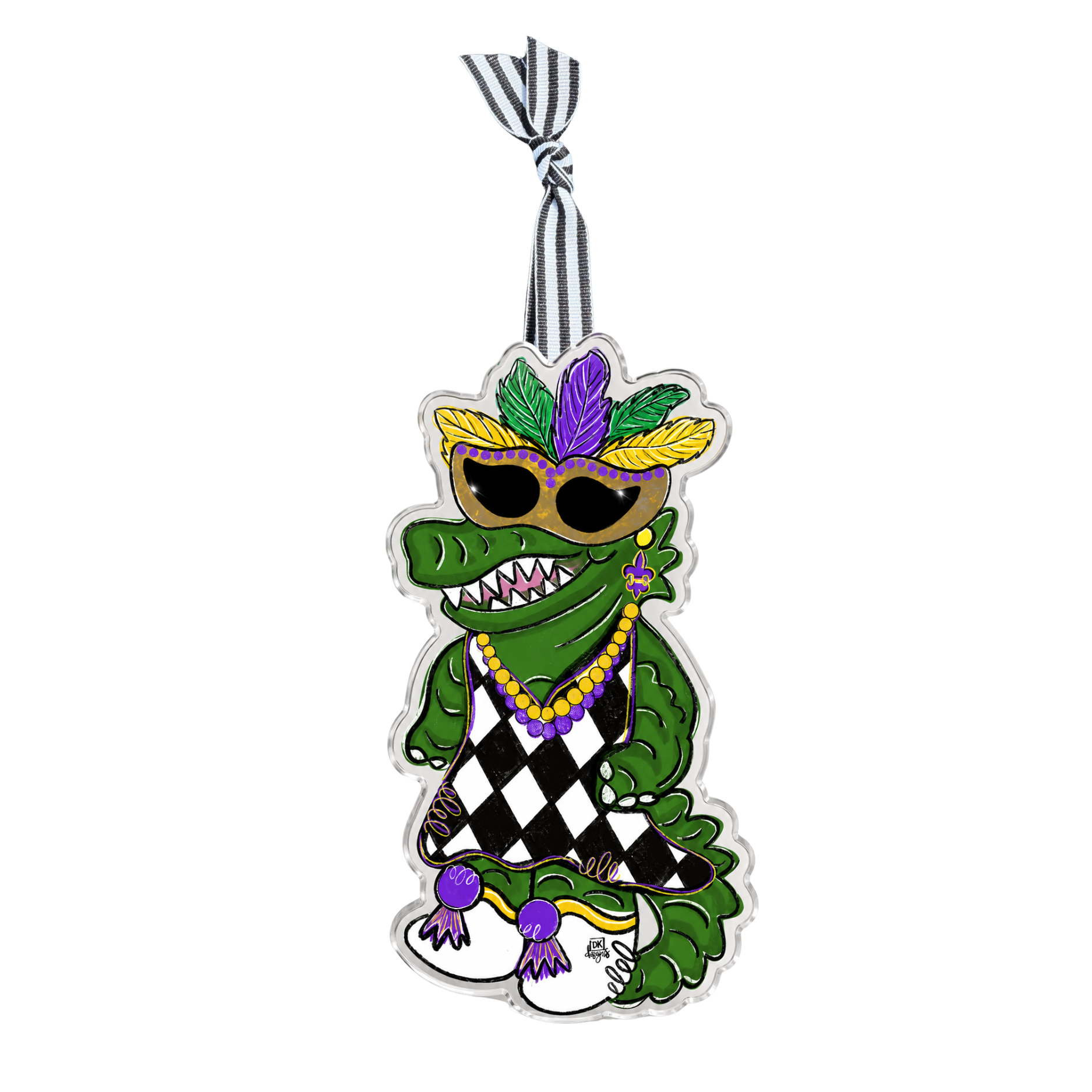 Mardi Gator Lady Acrylic Ornament: acrylic ornament with a dressed-up gator lady ready for Mardi Gras, by DK Designs Georgia