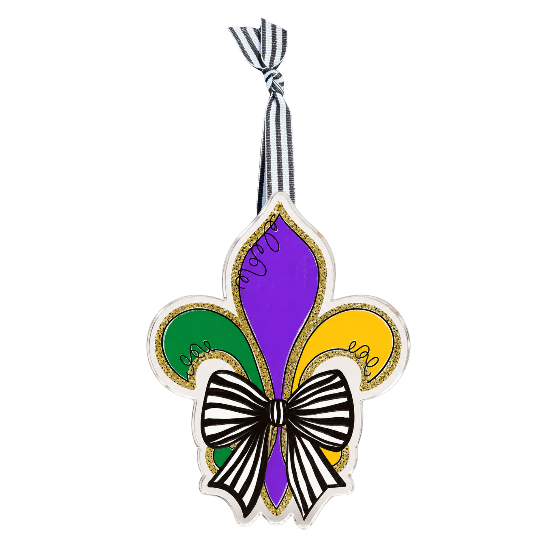 Fleur De Lis Bow Acrylic Ornament: acrylic ornament with a fleur de lis topped with a festive bow, by DK Designs Georgia