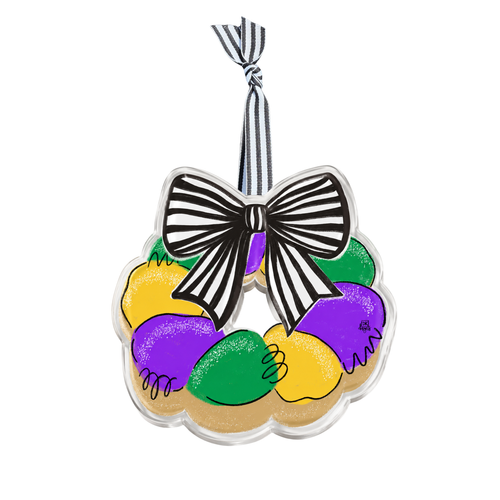 King Cake Bow Acrylic Ornament: acrylic ornament with a colorful king cake topped with a bow, by DK Designs Georgia