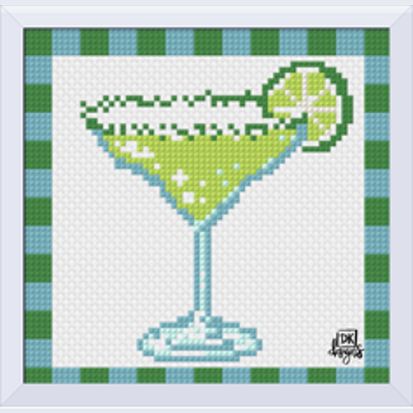 Medium Margarita Canvas Solo: 8" x 8" needlepoint canvas with a margarita with lime in a green gingham border