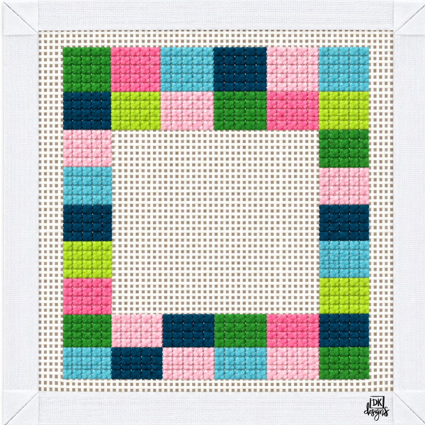 Small Monogram Canvas Solo: 5" x 5" needlepoint canvas with a pink, green and navy border for any initial