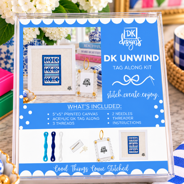 Blue and White Stripe Tag-Along Kit: needlepoint bag tag kit, 5" x 5" canvas with a navy, white and aqua stripe