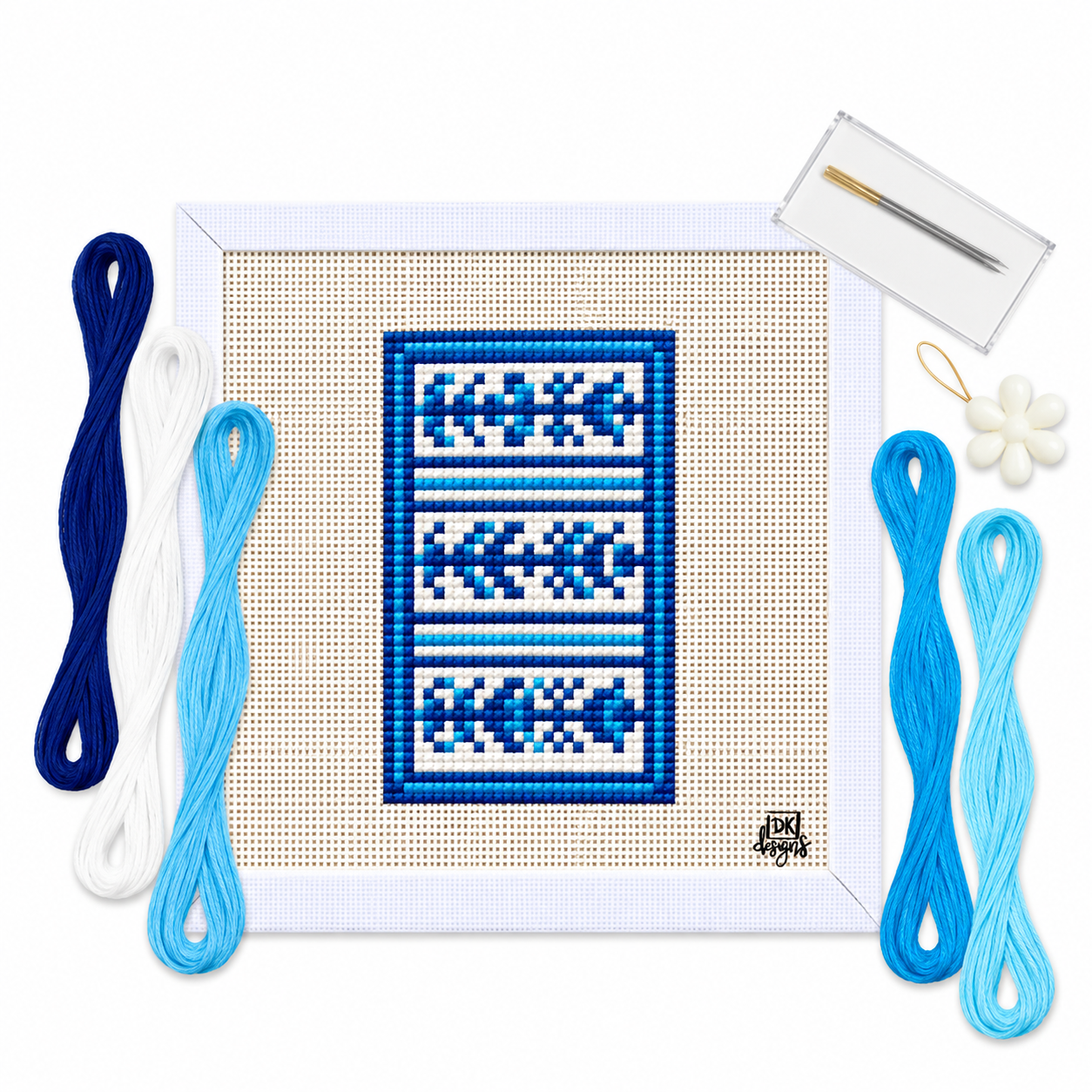 Blue and White Stripe Tag-Along Kit, photo 2: needlepoint bag tag kit, 5" x 5" canvas with a navy, white and aqua stripe