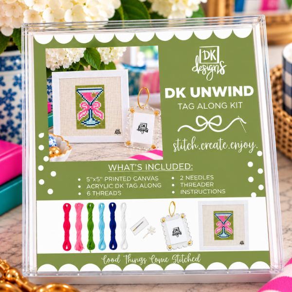 Cocktail Glass Tag-Along Kit: needlepoint bag tag kit, 5" x 5" canvas with a pink cocktail glass on green