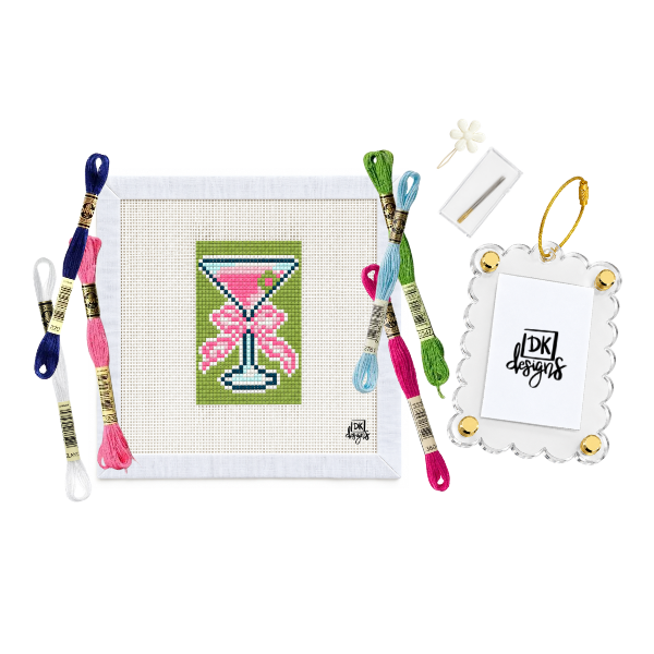 Cocktail Glass Tag-Along Kit, photo 2: needlepoint bag tag kit, 5" x 5" canvas with a pink cocktail glass on green