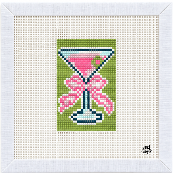Cocktail Glass Tag-Along Kit, photo 3: needlepoint bag tag kit, 5" x 5" canvas with a pink cocktail glass on green