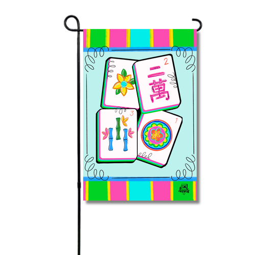 Mahjong Garden Glam: double-sided garden flag with colorful mahjong tiles on light blue, with bright striped bands