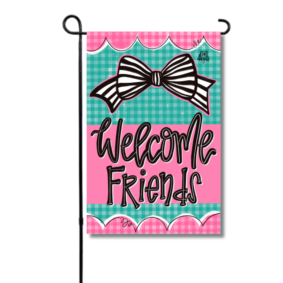 Teal Gingham Welcome Friends Garden Glam