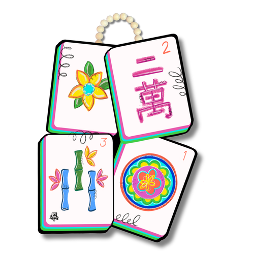 Mahjong Door Hanger: door hanger with four colorful mahjong tiles in pink, teal and green