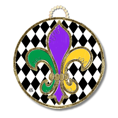 Mardi Gras Fleur-de-lis Door Hanger: door hanger with a purple, green and gold fleur-de-lis on a black and white harlequin circle