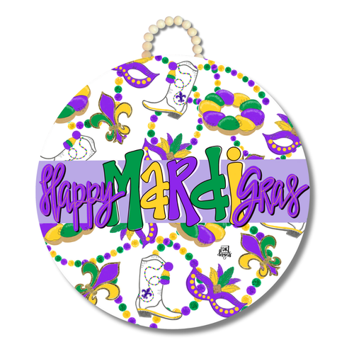 Happy Mardi Gras Door Hanger: door hanger with "Happy Mardi Gras" in purple, green and gold letters over masks, beads, boots and fleur-de-lis