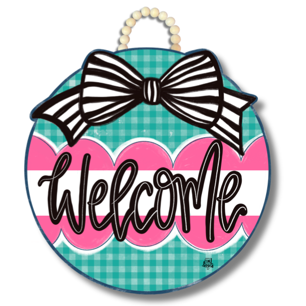 Teal Gingham Welcome Door Hanger