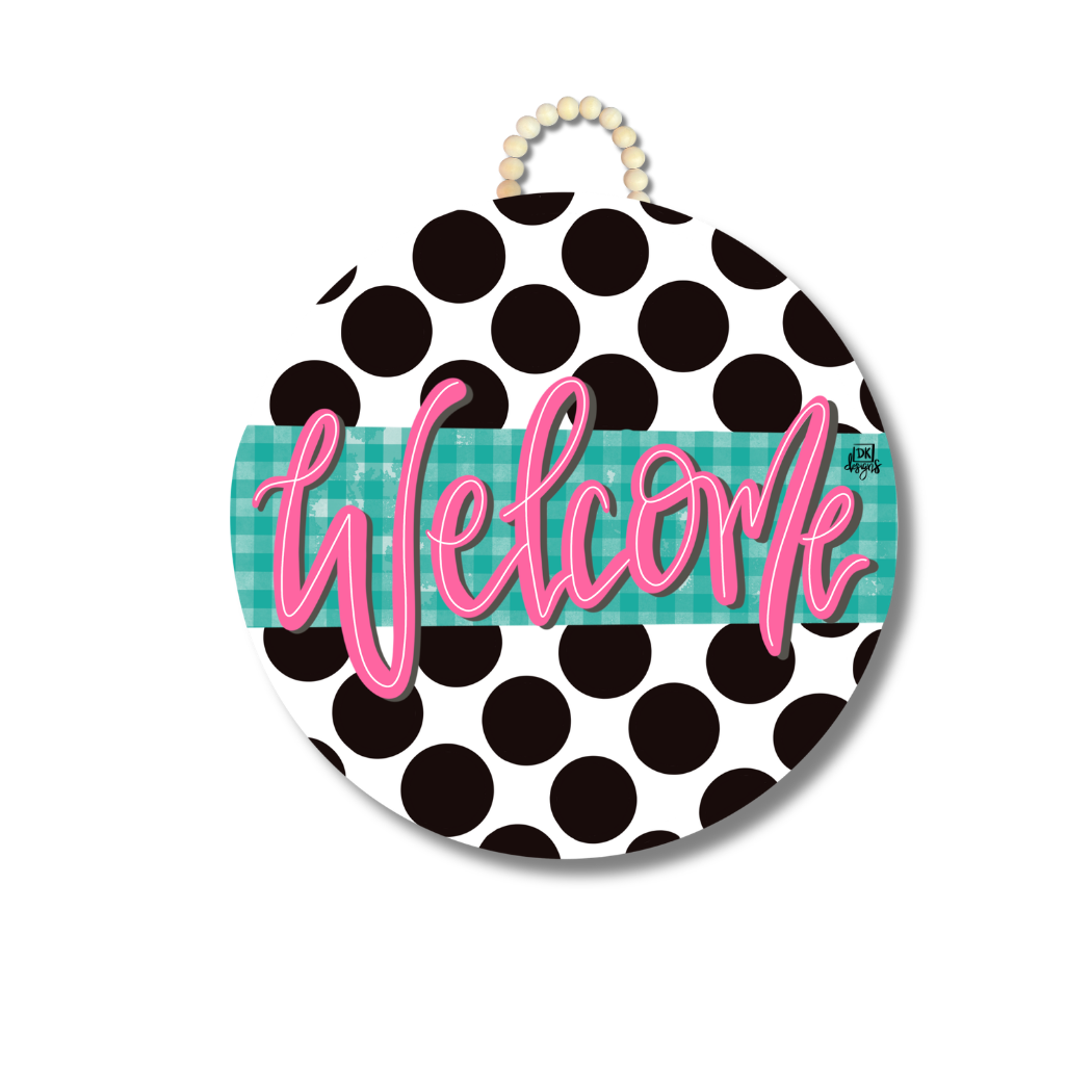 Black Polka Dot Teal Gingham Welcome Door Hanger