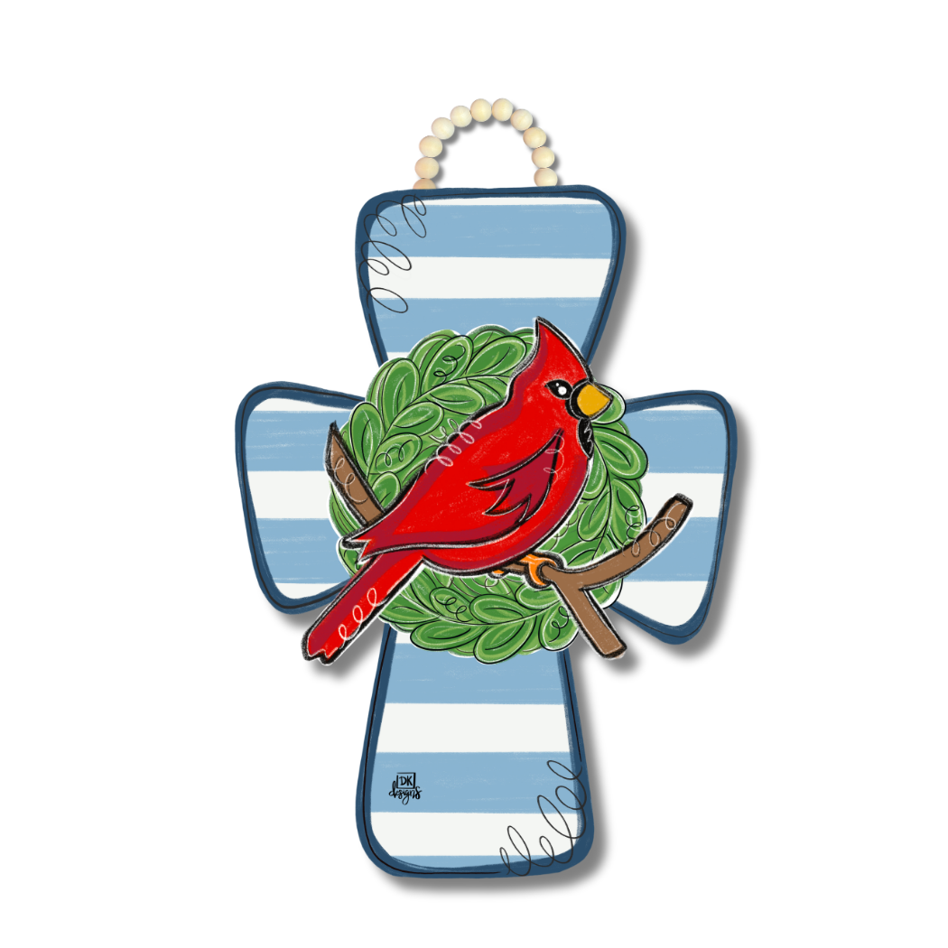 Blue and White Cardinal Cross Door Hanger