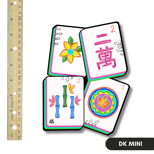 Mahjong Mini: DK Mini with four colorful mahjong tiles in pink, teal and green