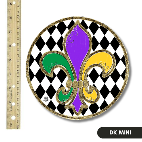 Mardi Gras Fleur-de-lis Mini: DK Mini with a purple, green and gold fleur-de-lis on a black and white harlequin circle with gold glitter trim