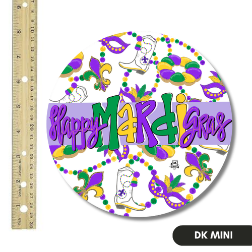Happy Mardi Gras Mini: DK Mini with "Happy Mardi Gras" in purple, green and gold letters over masks, beads, boots and fleur-de-lis