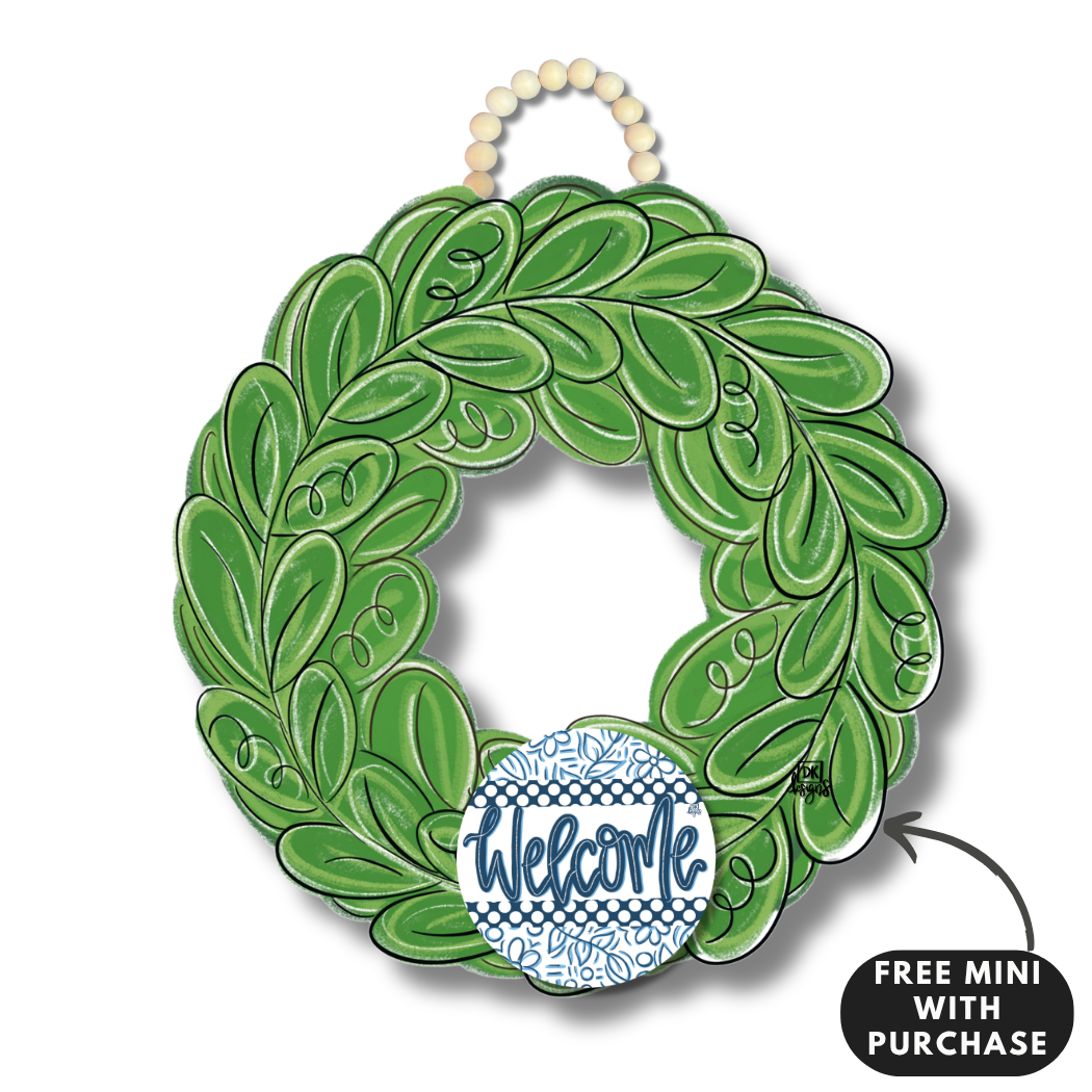Wreath Bow Door Hanger w/ blue welcome mini