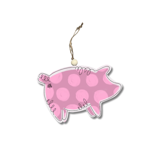 Pig Ornament: a pink pig with darker pink polka dots and a curly tail, hung on jute rope with a wooden bead, by DK Designs Georgia