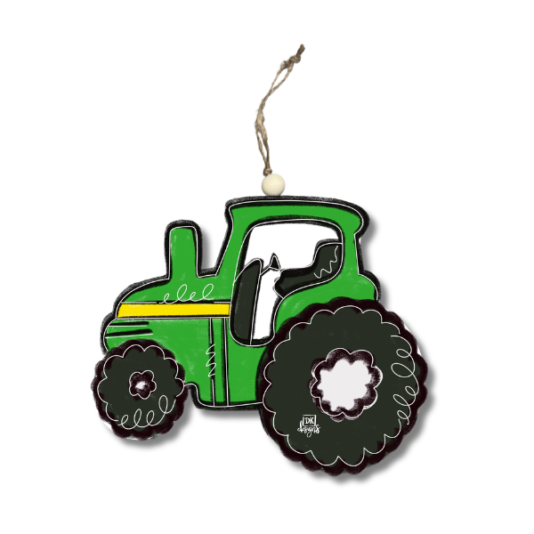 Tractor Ornament: a green farm tractor with a yellow stripe and big black wheels, hung on jute rope with a wooden bead, by DK Designs Georgia