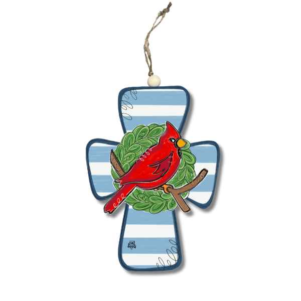 Blue and White Cardinal Cross Ornament