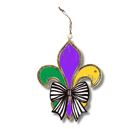 Fleur De Lis Bow Ornament: ornament with a purple, green and gold fleur-de-lis and a black and white striped bow